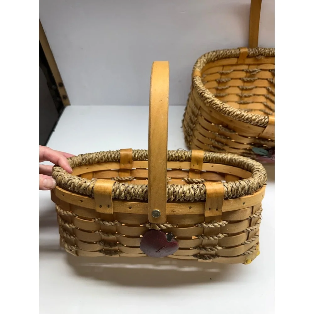 Set of 2 Woven Wood Apple Baskets Rustic Farmhouse Decor with Rope Accents